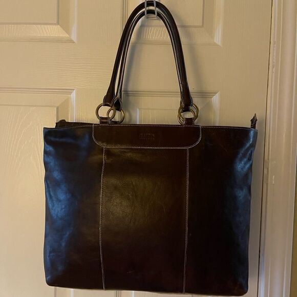 CLAUDIA FIRENZE made in Italy Leather dark Brown large tote stitching accent. - Picture 1 of 16